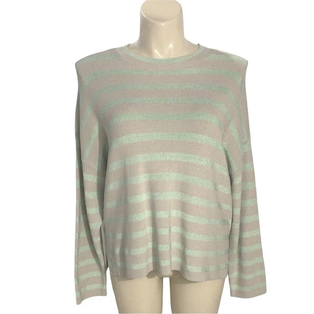 NWT‎ Ann Taylor Sweater XL Mint Green Beige Stripe Long Sl Side Slits Ribbed